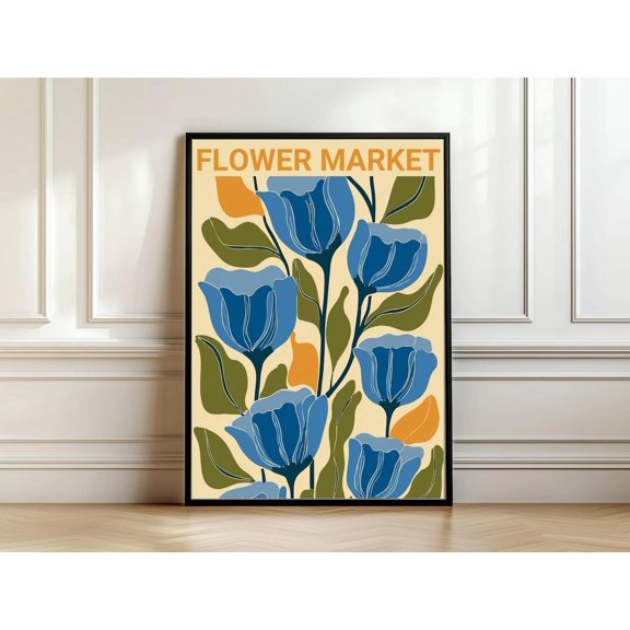 Flower Market Poster, Blue Botanical Print, Unframed Paper Poster 8x10in