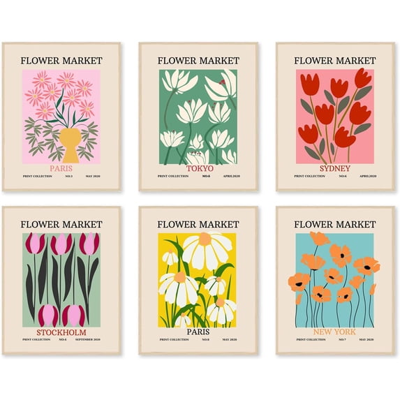 Flower Market Poster Set of 6, Vintage Flower Market Wall Art Prints, Abstract Colorful Floral Wall Art Decor, Minimalist City & Flower Canvas Painting Pictures for Aesthetic Room, Bedroom, Living