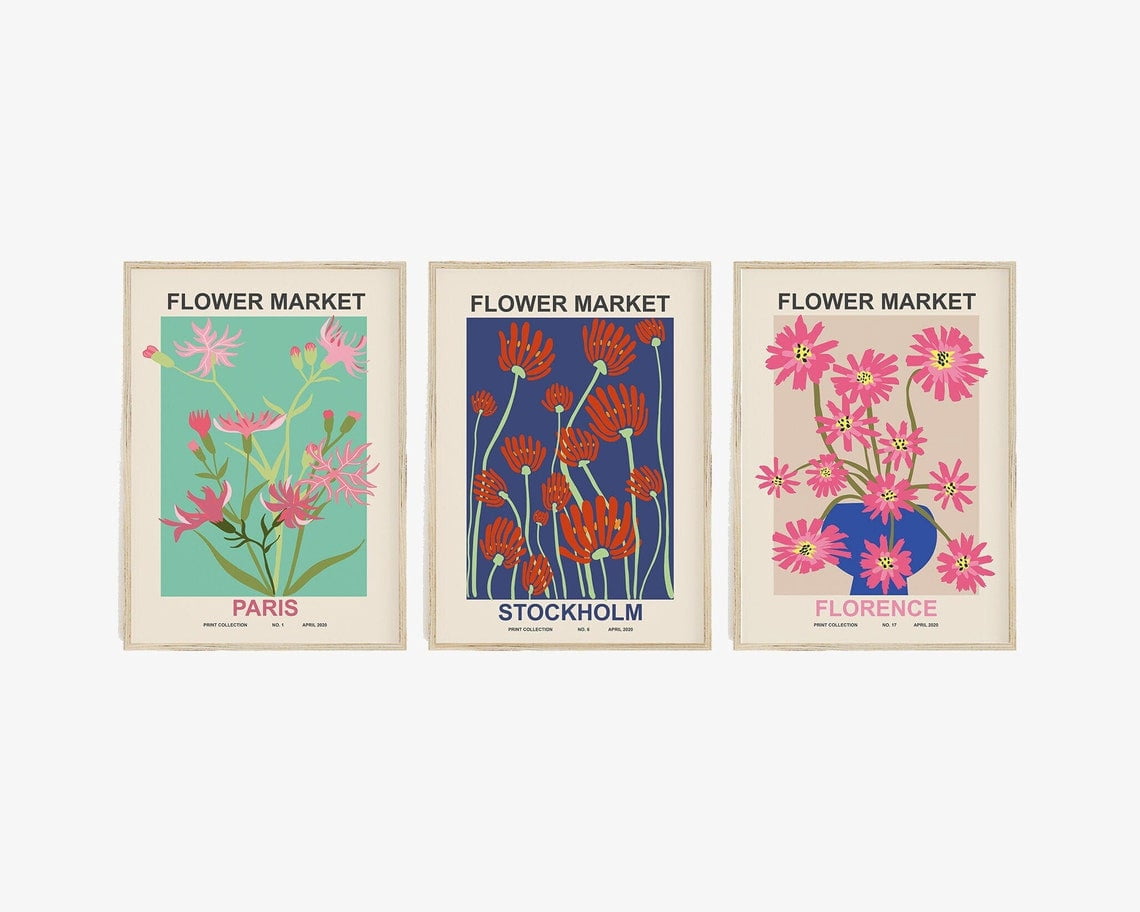 Flower Market Poster Set Abstract Botanical Illustration Wall Art Set 3 ...