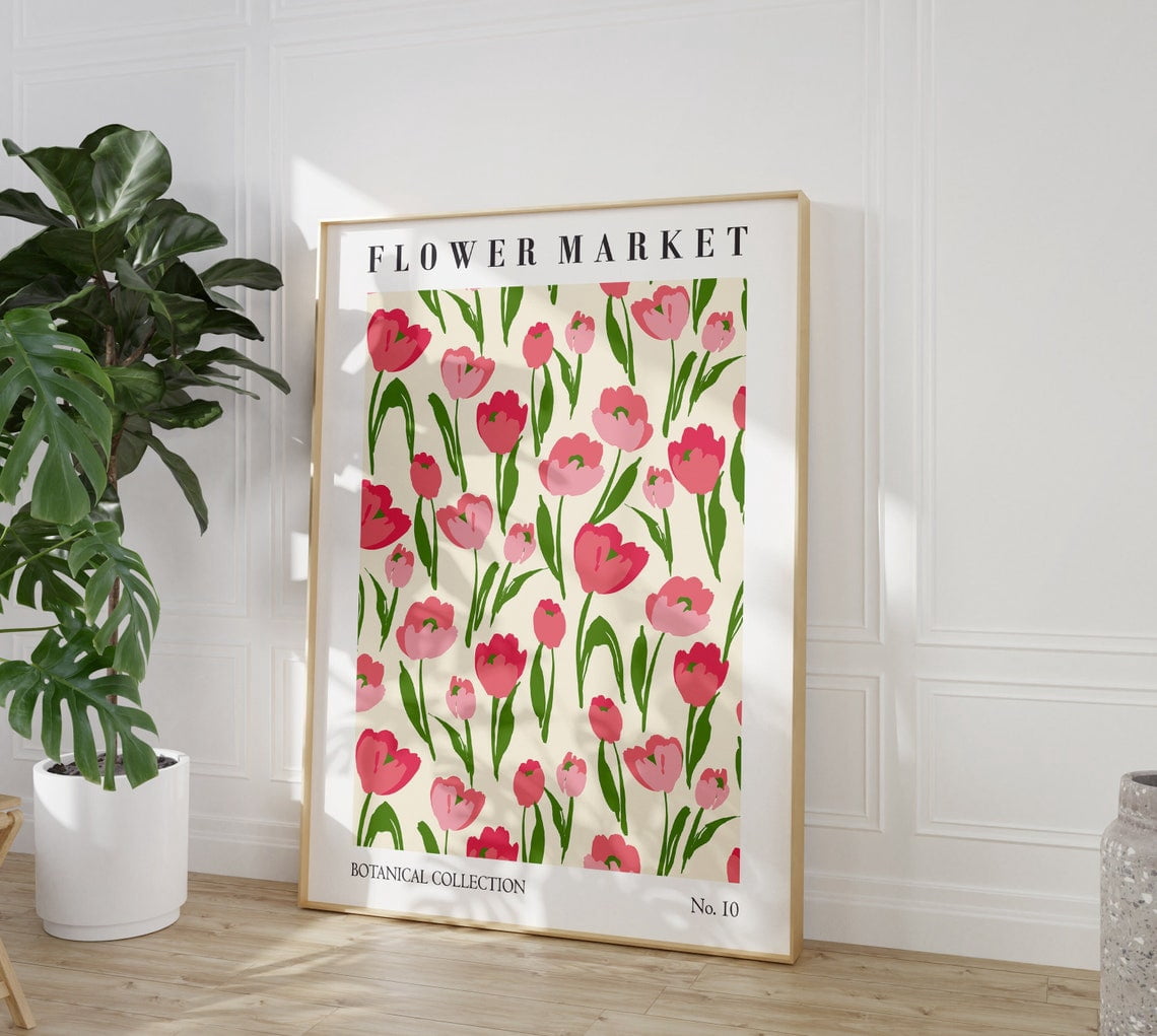 Flower Market Print Tulips, Spring Pink Flower Botanical Illustration ...