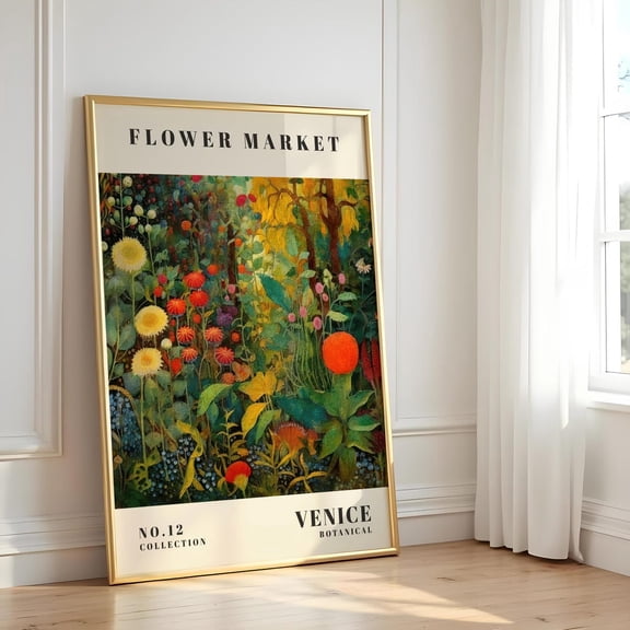 Flower Market Venice Wall Art – Klimt Inspired Garden Artwork Vibrant Wildflower Scene Romantic Italian Market Wall Decor
