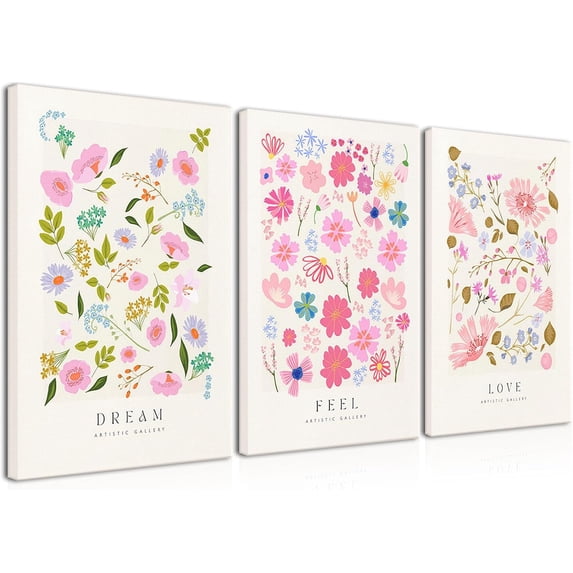 Flower Market Wall Art Prints Framed Set of 3 Colorful Flower Poster Floral Aesthetic Artwork Pictures Danish Pastel Abstract Canvas Painting Minimalist Decor for Living Room Bedroom 12x16in