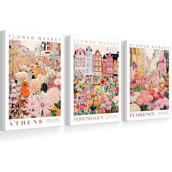 Flower Market WallFloral Canvas Pictures Colorful Botanical Wall Decor Wildflower Prints Painting Pink and Purple Flower Poster Artwork for Bedroom Living Room