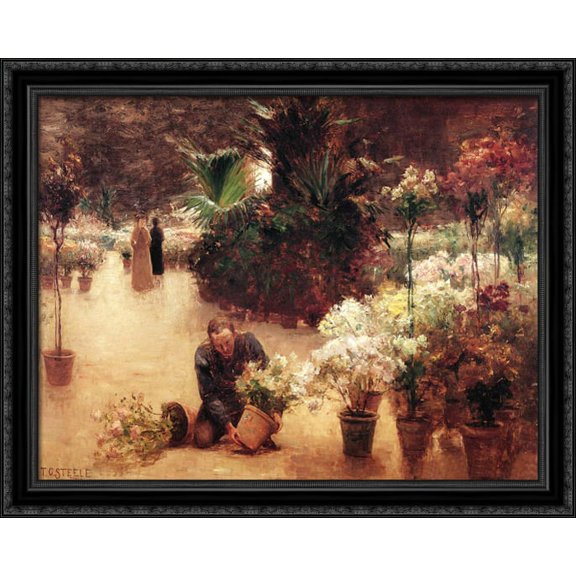 Flower Mart 36x28 Large Black Ornate Wood Framed Canvas Art by T. C. Steele