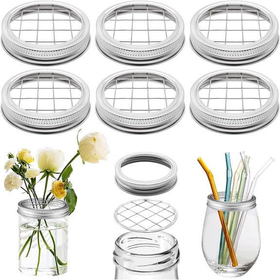 Flower Mason Jar Insert Lid Metal Flower Organizer Frog Lid for Regular Mouth Mason Canning Jars Bouquet Easy Flower Arranging(6 Set Rings and Separate Lids)