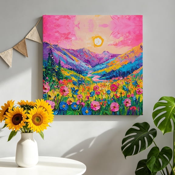 Flower Meadow Canvas Wall Art, Valley Landscape Floral Sunlight Boho Pictures Wall Decor Wooden Framed Artwork Art Prints for Living Room Hallway Bedroom Office 8"x8"