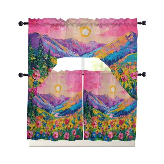 Flower Meadow Kitchen Curtains Set for Windows 3 Piece Cafe Curtains 24 Inch Length Swag Curtains Valances and Tier Set Mountain Range Sunlight Floral Drapes for Bedroom Bathroom Living Room