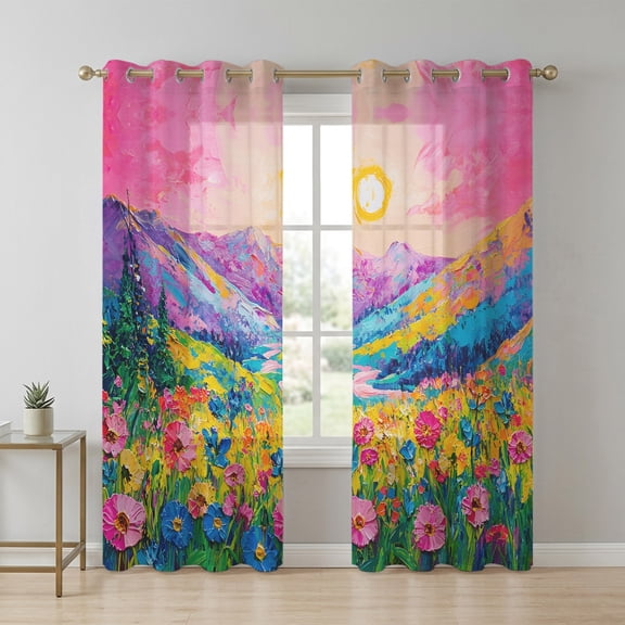 Flower Meadow Sheer Curtains 72 Inch Long 2 Panels, Valley Landscape Floral Sunlight Boho Light Filtering Semi Sheer Drapes Grommet Voile Window Curtain for Living Bedroom W52 x L72