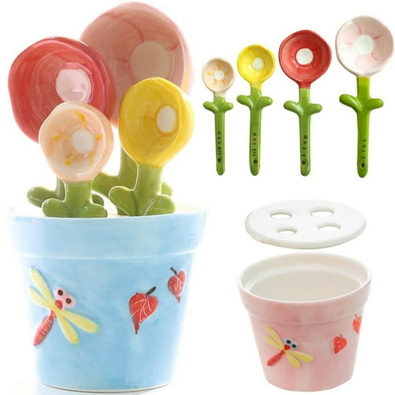 Dinnerware Set Flower Measuring Spoons Set In Pot Unique Baking Gifts Ceramic Cute Measuring Cups And Spoons With Holder For Dry Ingredients Dishwasher,Blue Kitchen Tableware