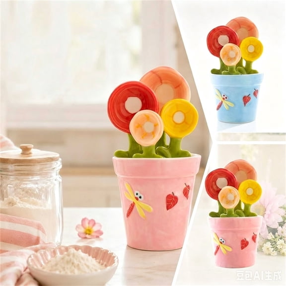 Flower Measuring Spoons Set in Pot, Ceramic Baking Measuring Spoons with Holder for Dry & Wet Ingredients, Cute Flower Figurine - Dishwasher Safe - 1 Tbsp, 1/2 Tsp, 1/4 Tsp - Unique Gift (Pink)