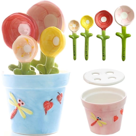 Flower Measuring Spoons Set in Pot - Ceramic Baking Measuring Spoons with Holder & Towel for Dry & Wet Ingredients - Cute Flower Figurine - Dishwasher Safe - 1 Tbsp, 1/2 Tsp, 1/4 Tsp - Unique Gift