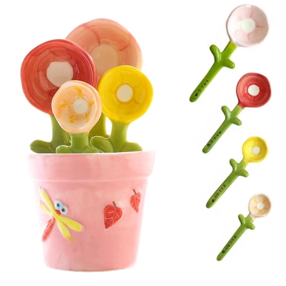 Flower Measuring Spoons Set In Pot, Cute Ceramic Flower Measuring Spoons and Cup Set, Novelty Baking Scale Spoons With Hloder, Perfect for Dry and Wet Ingredients, Unique Baking Gifts (Blue)