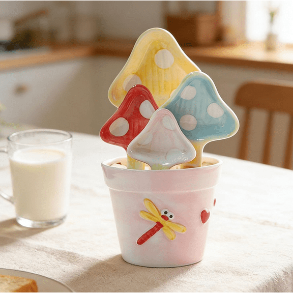 Flower Measuring Spoons Set in Pot, Cute Mushroom Shape Ceramic Measuring Spoons with Base, Porcelain Flower Small Spoons with Holder for Home and Kitchen Mushroom