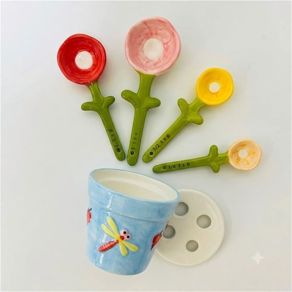Flower Measuring Spoons Set in Pot Unique Baking Gifts, Ceramic Cute Measuring Cups and Spoons with Holder, for Dry Wet Ingredients Dishwasher Safe, Blue