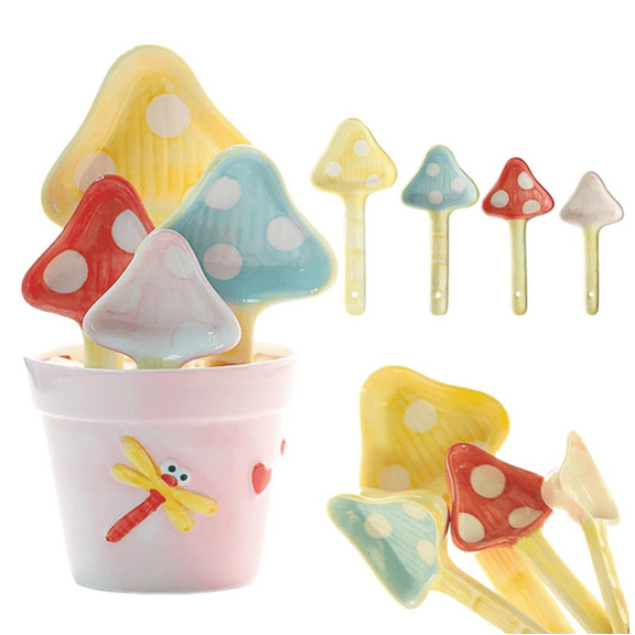 Flower Measuring Spoons Set in Pot, Baking Tool-Handmades Flowers Ceramic Measuring Spoons Gift Set Mushroom