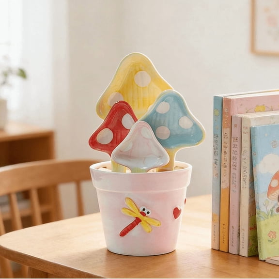 Flower Measuring Spoons Set in Pot, Cute Mushroom Shape Baking Tool-Handmades Flowers Ceramic Measuring Spoons Gift Set Mushroom