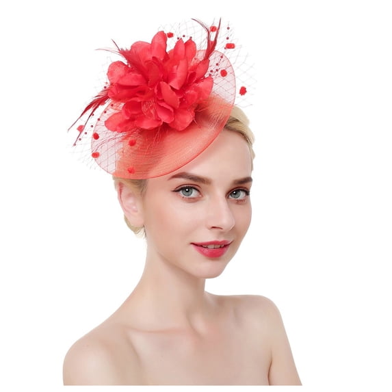 Flower Mesh Ribbons Feathers Headbands for Women Cocktail Tea Party Hat Headwear Elegant Stylish Retro Headband 1 PC Red one size