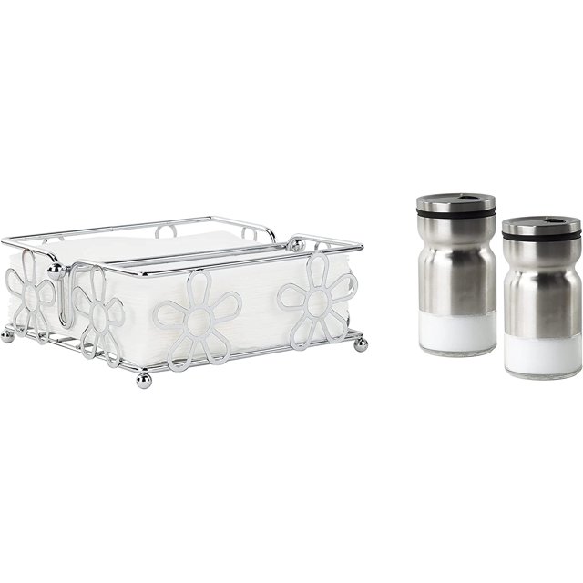 Flower Metal Napkin Holder with Weight & Silver Salt and Pepper Shaker