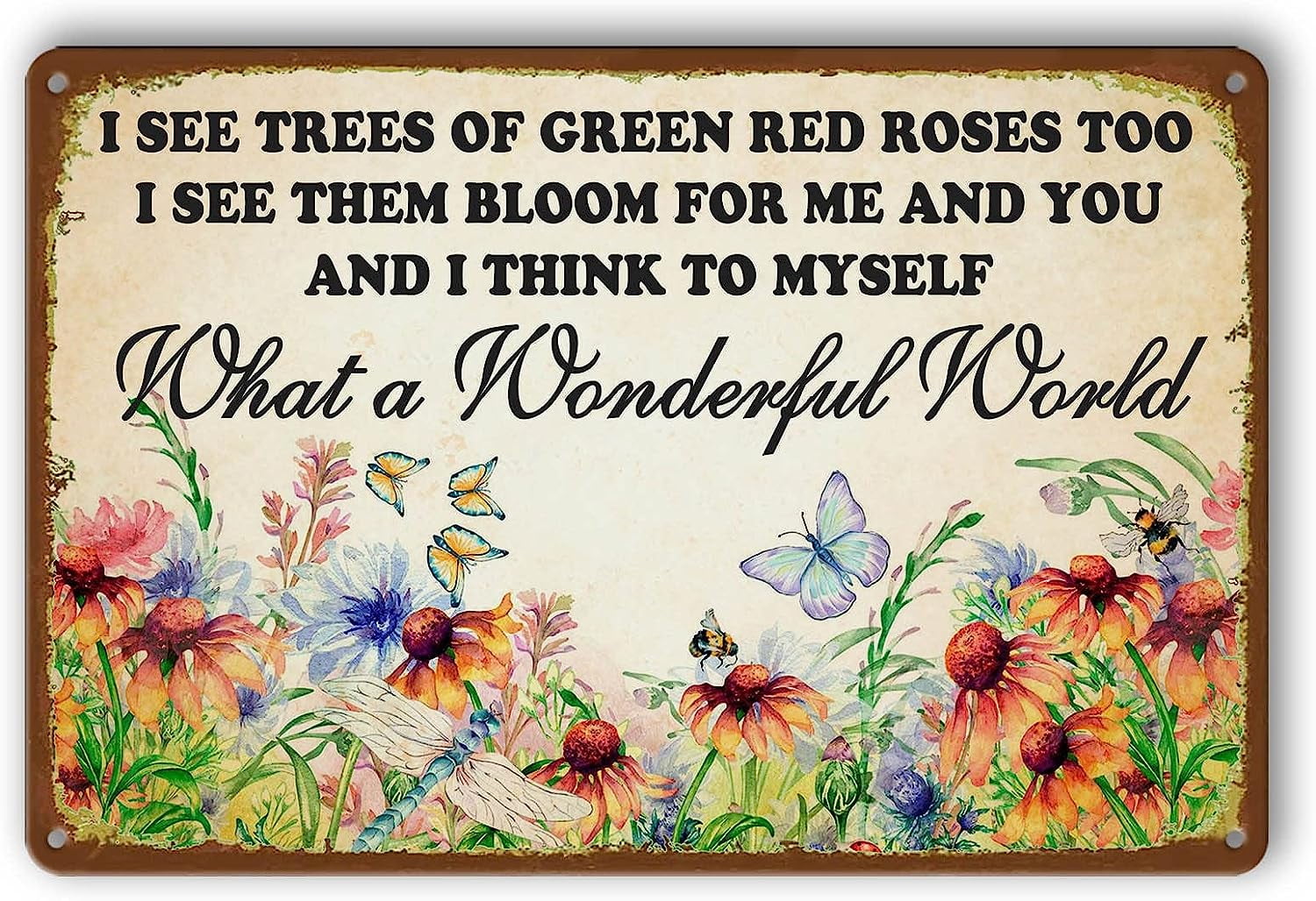 Targa metallica decorativa da parete con scritta What A Wonderful World, I See Trees Of Green
