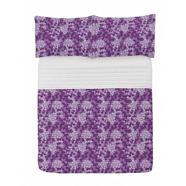 Flower Microfiber Bedspread Set, Lilac Flowers Blossoms in Spring Romantic Meadow Happy Fun Countryside Print, Soft Bedding Set with Pillow Shams & Comforter, 3 Sizes, Purple White, by Ambesonne