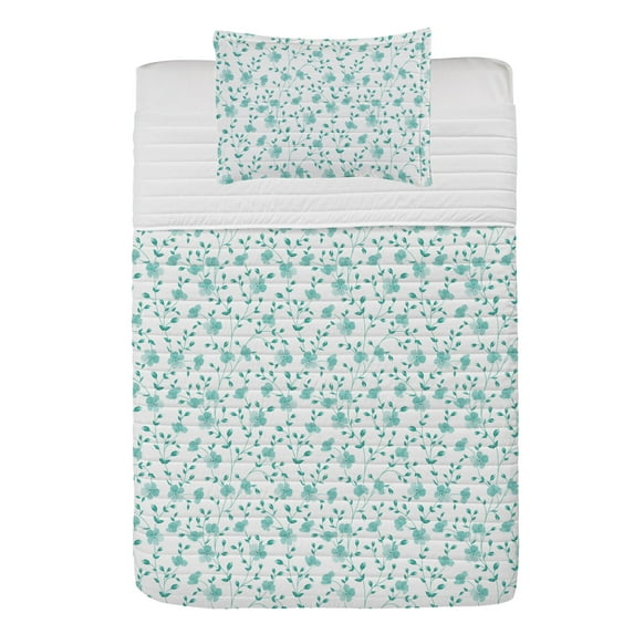 Flower Microfiber Bedspread Set, Pattern with Flower Stems Blooming Springtime Simple Design Art Print, Soft Bedding Set with Pillow Shams & Comforter, 3 Sizes, Pale Blue Teal White, by Ambesonne