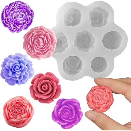 Flower Molds Silicone, 7 Cavity Rose Peony Fondant Mold for Jelly Chocolate Cake Decorating, 3D Candle Soap Silicone Mold Floral Epoxy Resin Casting Clay Mould Handmade Art Craft Accessories