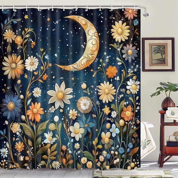 Flower Moon Plants Black Shower Curtain, Watercolor Plant Leaves with Floral Bathroom Decor , Wildflower Waterproof Fabric Shower Curtain Set with Hooks 70X70in
