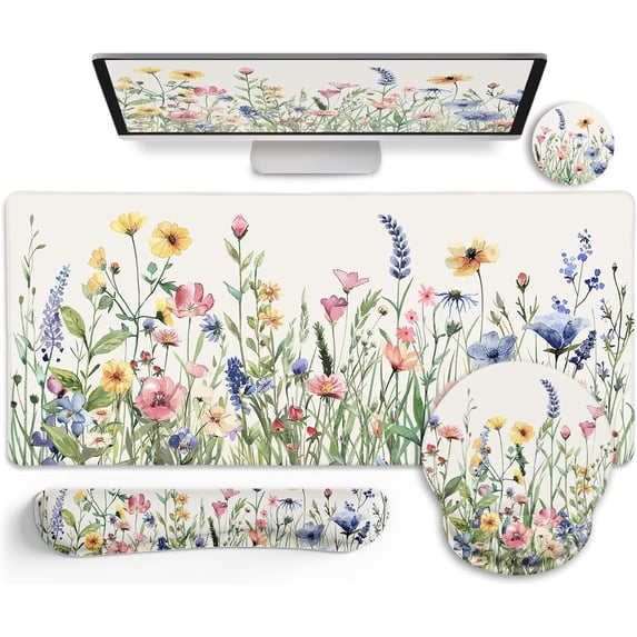 Flower Mouse Pad Set Large Desk Matt for Desktop, Ergonomic Mouse Pad with Wrist Rest, Gaming Wrist Support Keyboard Mat Cup Coaster Set Cute Office Desk Decor Accessories