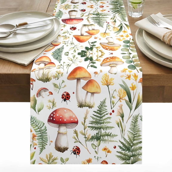 Flower Mushroom Leaf Cotton Linen Table Runner Ladybug Dining Table Runners for Home Decor Party Dining Room Restaurant Kitchen 13" x 48"