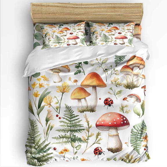 Flower Mushroom Leaf Twin Size Comforter Set, Ladybug Spring Plant Soft Bedding for All Seasons, 4 Pcs Bed Set with 1 Comforter (68"x86") ,1Sheet(66"x116"), 2 Pillowcases (19"x29")