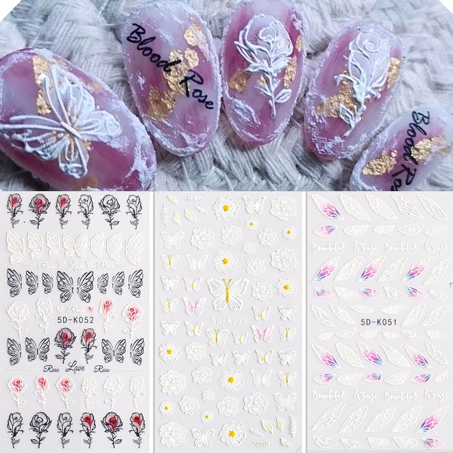Flower Nail Art Sticker Decals 5D Exquisite Hollow Pattern Nail Art Supplies Self-Adhesive Embossed Nail Art Decoration White Feather Lace Flower Leaf Design DIY Acrylic Nail Art 3 Sheet