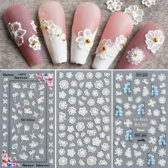 Flower Nail Art Sticker Decals 5D Exquisite Hollow Pattern Nail Art Supplies Self-Adhesive Embossed Nail Art Decoration White Feather Lace Flower Leaf Design DIY Acrylic Nail Art 3 Sheet