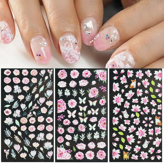 Flower Nail Art Sticker Decals 5D Exquisite Hollow Pattern Nail Art Supplies Self-Adhesive Embossed Nail Art Decoration White Pink Flower Leaf Design DIY Acrylic Nail Art 3 Sheet