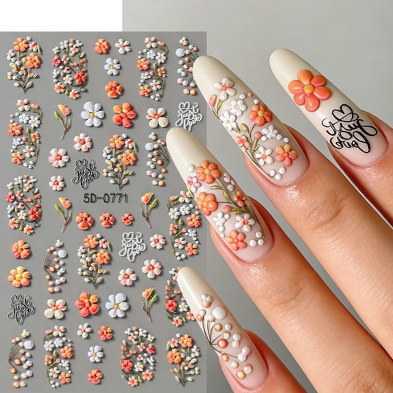 Flower Nail Stickers for Nail Art - Flowers Nail Art Stickers Summer Floral Leaf Plant 5D Embossed Nail Decals Self-Adhesive Nails Supply Manicure Sliders Flower Stickers for Nails Decoration