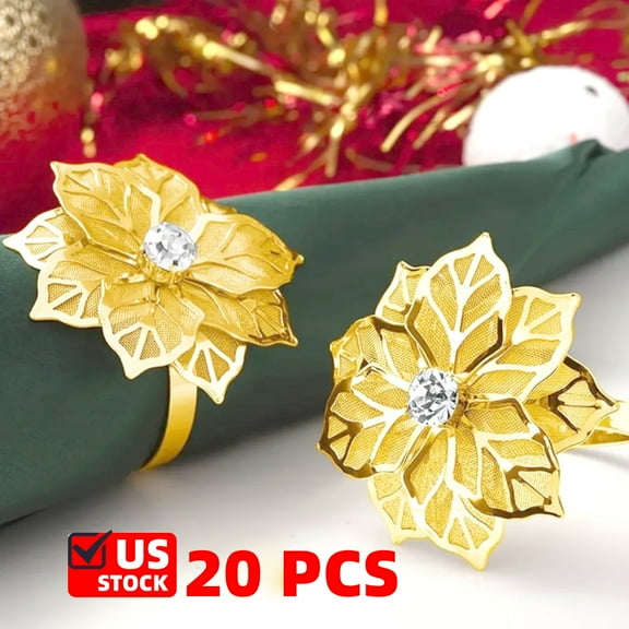 Flower Napkin Rings Set of 6, Hollow Out Gold Floral Napkin Holder Adornment Exquisite Household Napkins Rings Set Rhinestone Napkin Rings for Wedding Banquet Christmas Table Setting