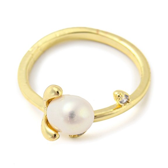 Flower Natural Pearl Cuff Ring with Rhinestone Brass Finger Ring Real 14K golden Plated Inner Diameter: 17.5~18mm