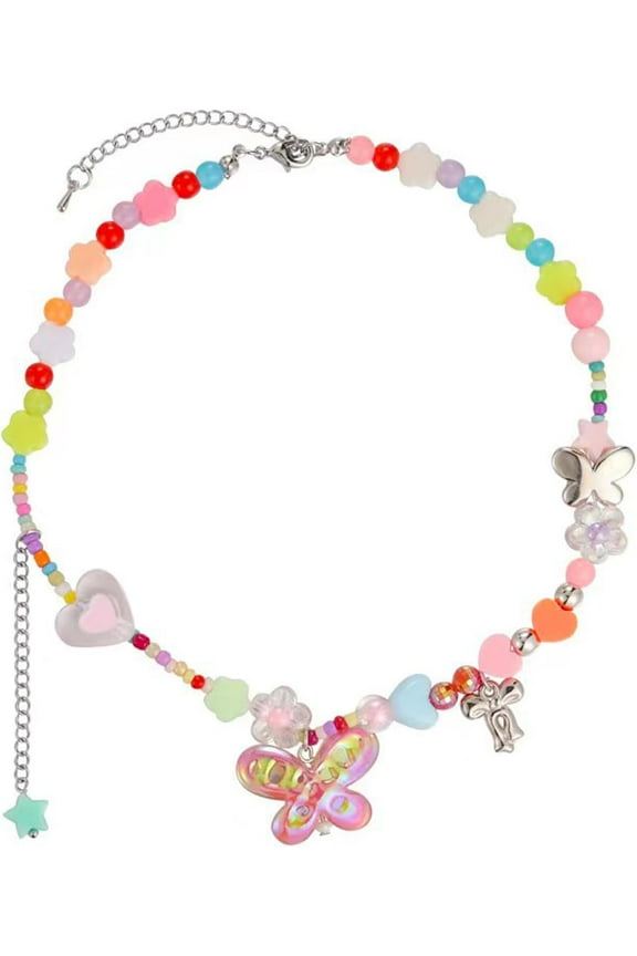 Flower Necklace For Women Colorful Gold Chunky Heart Cuban Chain Boho Aesthetic Trendy Dainty Cute Butterfly Pearl Star Smile Beaded Choker Necklace For Mom Sisters