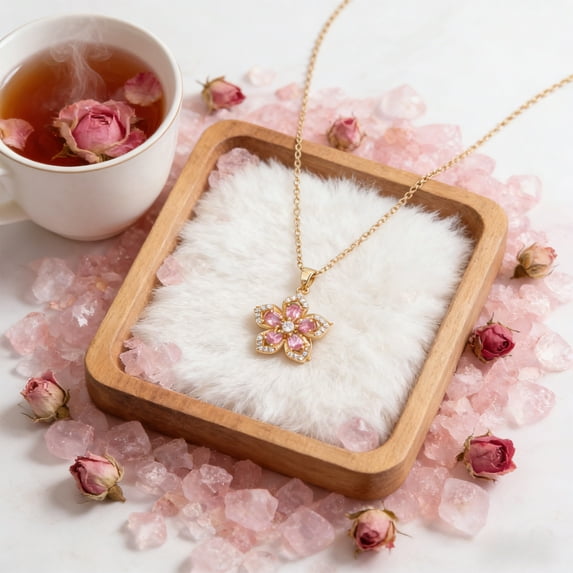 Flower Necklace, Rotatable Crystal Pendant Spinning Fidget Necklace, Adjustable Elastic Knot Jewelry Valentines Day Gift For Women, Pink