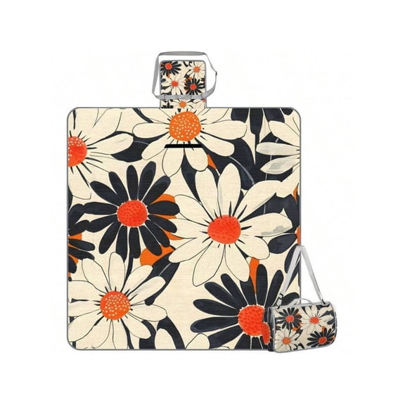 Flower Orange Daisy Print Picnic Blanket Waterproof Portable Mat 59x57 Inch Sandproof Outdoor Camping Beach Rug With Carry Strap