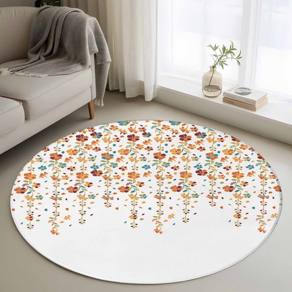Flower Orange Round Rugs for Living Room 4ft Blue Cherry Blossoms White Background Non Slip Circle Rug Washable Low-Profile Indoor Carpet for Bedroom, Dining Room, Bathroom