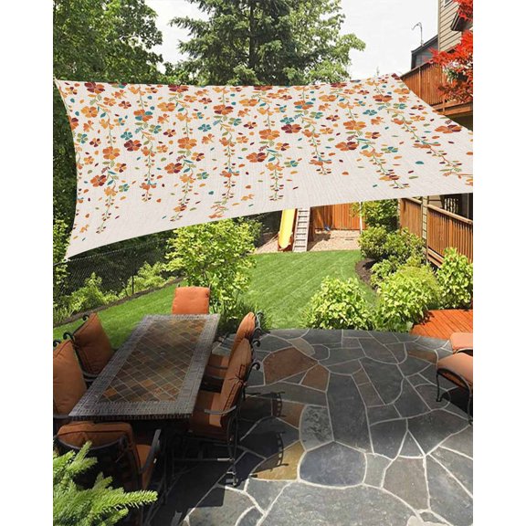 Flower Orange Waterproof Sun Shade Sail Blue Cherry Blossoms Cotton Linen Background Outdoor Patio Sun Shades Canopy UV Block Waterproof Sunshade for Garden Backyard Deck Pergola 8x10 Ft