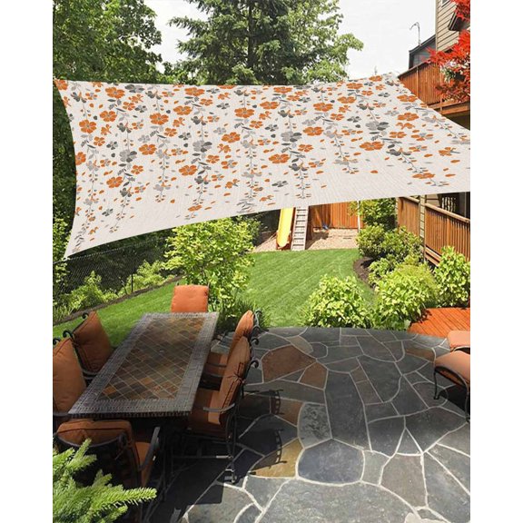 Flower Orange Waterproof Sun Shade Sail Grey Cherry Blossoms Cotton Linen Background Outdoor Patio Sun Shades Canopy UV Block Waterproof Sunshade for Garden Backyard Deck Pergola 8x10 Ft