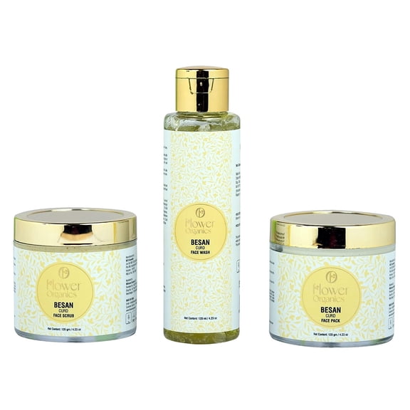 Flower Organics Besan & Curd Face Wash,Face Scrub,Face Pack Skin Care Combo | For Skin Brightening, Tan Removing, Oil Balancing, Acne Preventing | Both For Men & Women