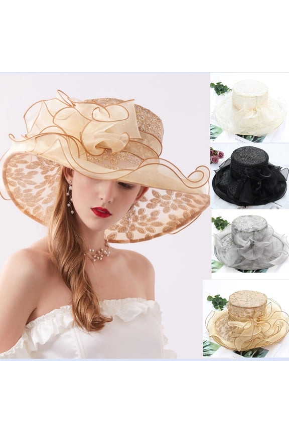 Flower Organza Hat Derby Party Wide Brim Church Hats Foldable Fashion Sunshade Hat Beach Floral Tea Flower Wedding Hat