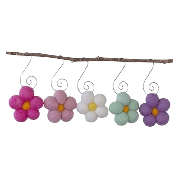 Flower Ornaments- Set of 5- Flowers Approx 1 7/8"- 100% Wool Felt- Silver Swirl Hook- Pink, , Blue, White- Easter Tree, Spring Summer Home Decor, Handmade Gift
