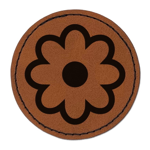 Flower Outline 2.5" Faux Leather Round Engraved Iron-On Patch - Brown