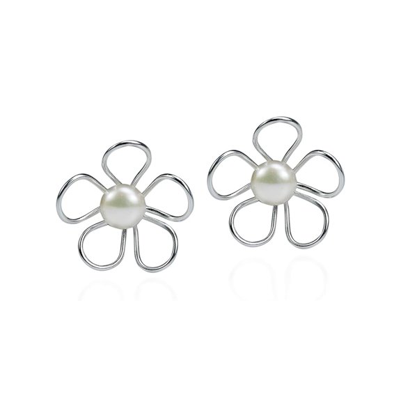 Flower Outline Stud Earrings with Cultured Freshwater Pearl in 925 Sterling Silver | Dainty 16mm Floral Jewelry for Women