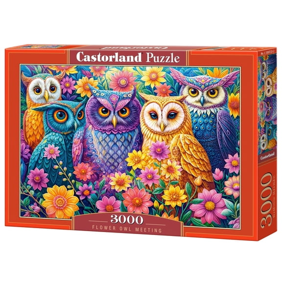 3000 Piece Jigsaw Puzzle, Flower Owl Meeting, Vibrant Colorful Owl Garden, Whimsical Folk Art Bird Scene, Adult Puzzle, Castorland C-300723-2