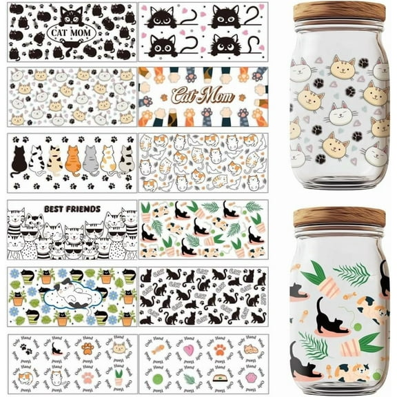 Flower PVC DIY Heat Transfer Paper for UV Sublimation Cup Cat Shape 110x240mm 12 style 1pc/style 12pcs/set