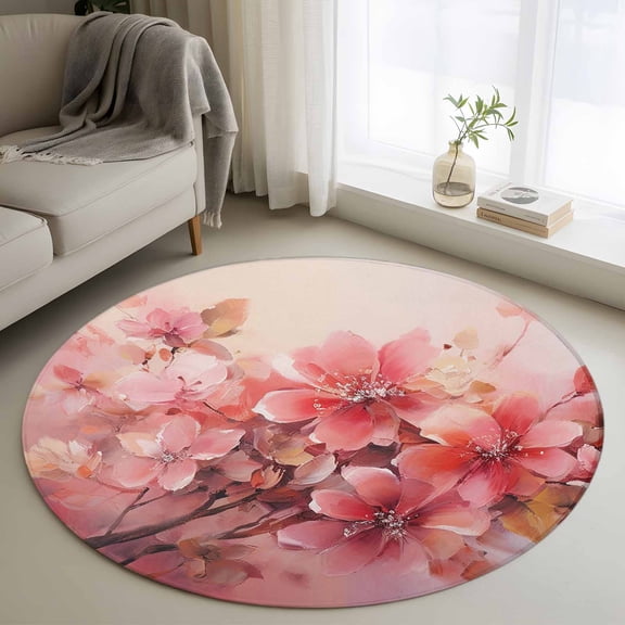 Flower Painted, Abstract Blush Pink Watercolor Round Area Rug 3.3 FT, Non Slip Small Entryway Kitchen Mat, Washable Soft Circular Rug Non-Shedding Door Mat for Bathroom Playroom Kids Room